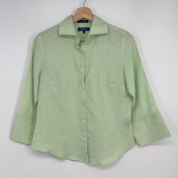 Vtg Faconnable 100% Linen Button Blouse Top Womens XS Pastel Green 3/4 Sleeve - Picture 1 of 10